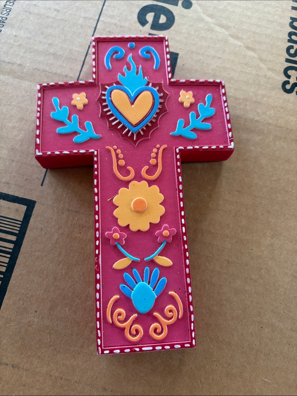 Hand-Painted Red Floral Heart Cross Wall Accent